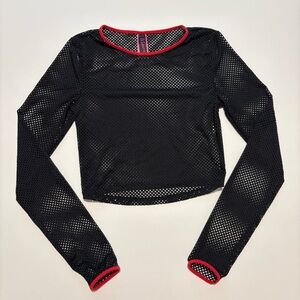 La Senza Black Fishnet Mesh Long Sleeve Crop Top XS – Red Trim